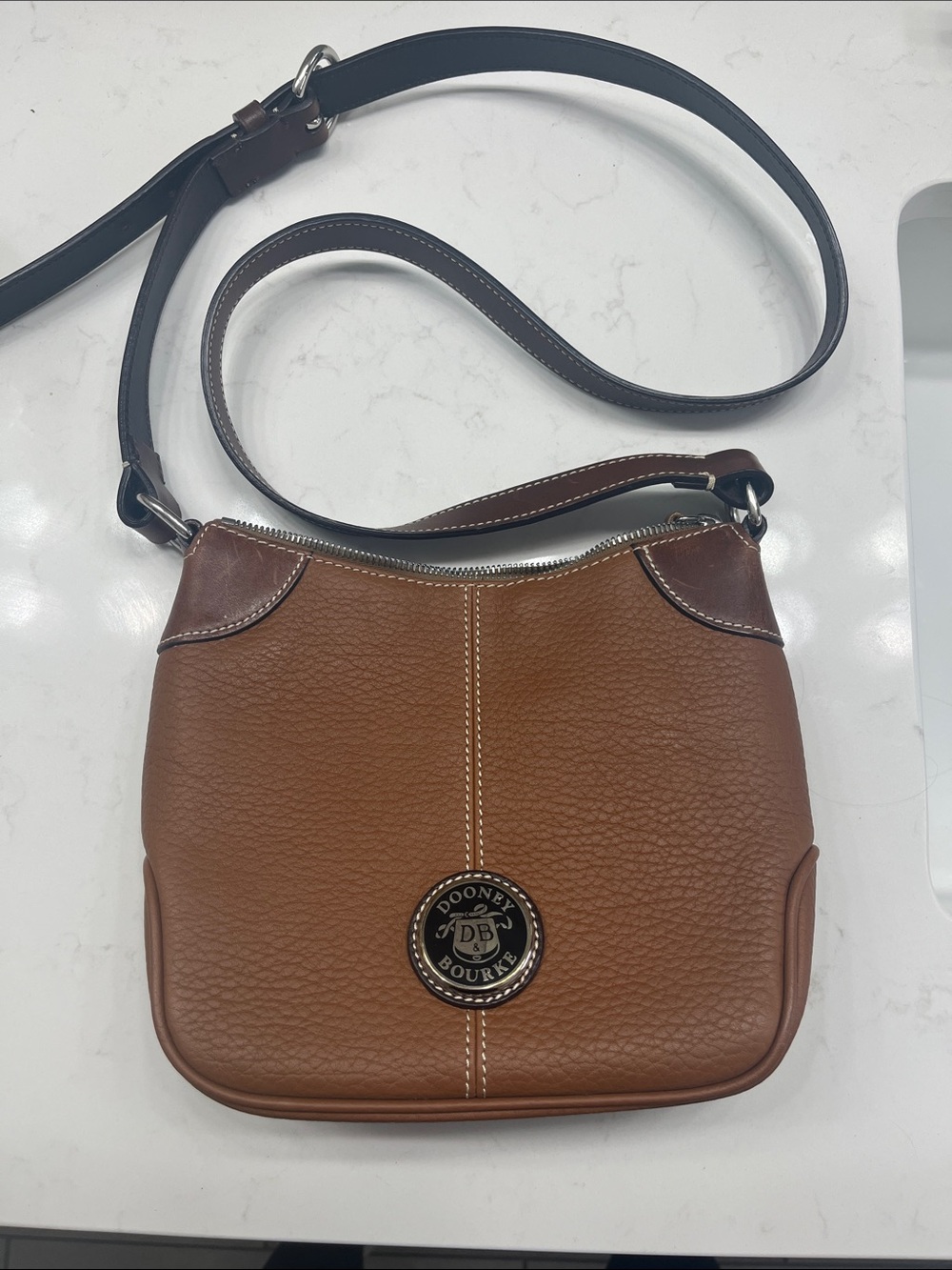 Dooney & Bourke Cognac Pebbled Leather Crossbody Bag with Dark Brown Trim